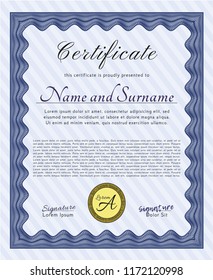 Blue Sample certificate or diploma. With background. Detailed. Cordial design. 