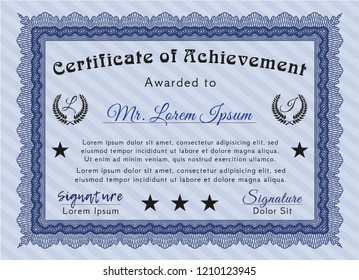 Blue Sample certificate or diploma. With background. Detailed. Sophisticated design. 