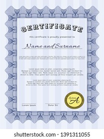 Blue Sample certificate or diploma. With background. Cordial design. Customizable, Easy to edit and change colors. 