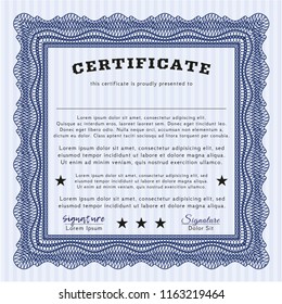 Blue Sample certificate or diploma. With complex linear background. Money Pattern design. Detailed. 