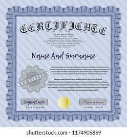 Blue Sample certificate or diploma. With complex background. Artistry design. Customizable, Easy to edit and change colors. 