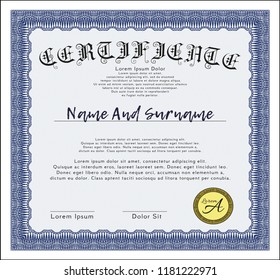 Blue Sample certificate or diploma. With complex background. Detailed. Money style design. 