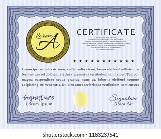 Blue Sample certificate or diploma. With complex linear background. Perfect design. Detailed. 