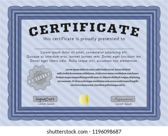 Blue Sample certificate or diploma. With complex linear background. Detailed. Excellent design. 