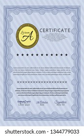 Blue Sample certificate or diploma. With complex background. Sophisticated design. Detailed. 