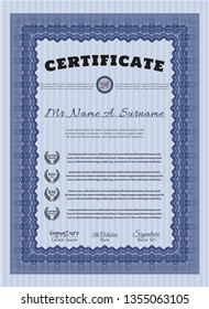 Blue Sample certificate or diploma. With complex background. Customizable, Easy to edit and change colors. Good design. 