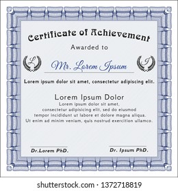 Blue Sample certificate or diploma. With complex background. Detailed. Modern design. 