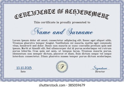 Bleu Échantillon de certificat ou de diplôme. Avec un arrière-plan linéaire complexe. Design rétro. 
Modèle de certificat vectoriel. 