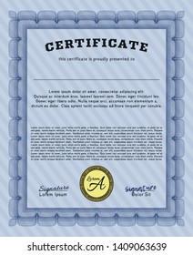 Blue Sample certificate or diploma. Cordial design. Vector illustration. Printer friendly. 