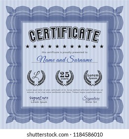 Blue Sample certificate or diploma. Customizable, Easy to edit and change colors. With guilloche pattern and background. Sophisticated design. 
