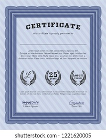 Blue Sample certificate or diploma. Customizable, Easy to edit and change colors. Complex background. Good design. 