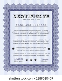 Blue Sample certificate or diploma. Customizable, Easy to edit and change colors. With guilloche pattern. Superior design. 
