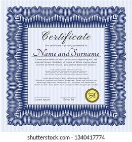 Blue Sample certificate or diploma. Customizable, Easy to edit and change colors. With guilloche pattern. Retro design. 