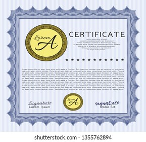 Blue Sample certificate or diploma. Customizable, Easy to edit and change colors. With complex background. Money Pattern design. 