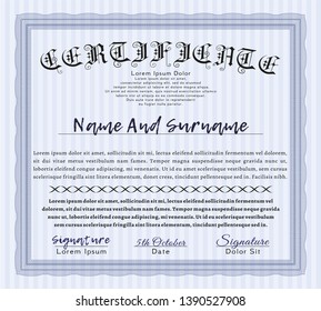 Blue Sample certificate or diploma. Customizable, Easy to edit and change colors. With guilloche pattern. Lovely design. 