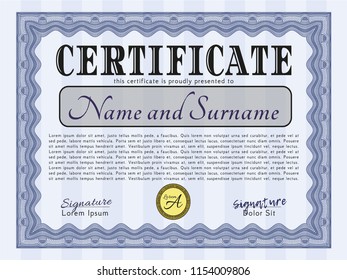 Blue Sample certificate or diploma. Detailed. With linear background. Elegant design. 