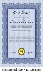 Blue Sample certificate or diploma. Easy to print. Beauty design. Customizable, Easy to edit and change colors. 