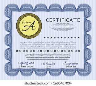 Blue Sample certificate or diploma. Easy to print. Vector illustration. Sophisticated design. 