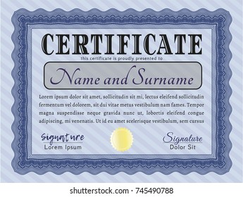 Blue Sample certificate or diploma. Easy to print. Customizable, Easy to edit and change colors. Lovely design. 