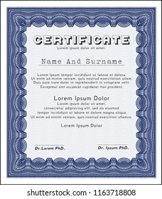 Blue Sample certificate or diploma. Elegant design. With background. Vector illustration. 