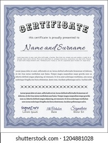 Blue Sample certificate or diploma. Elegant design. Complex background. Customizable, Easy to edit and change colors. 