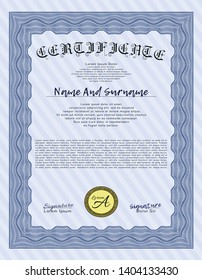 Blue Sample certificate or diploma. Elegant design. Customizable, Easy to edit and change colors. Printer friendly. 