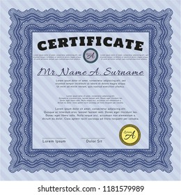 Blue Sample certificate or diploma. Excellent design. Detailed. Easy to print. 