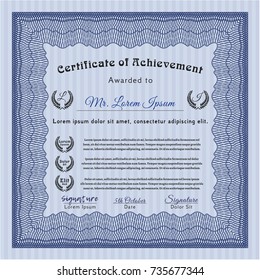 Blue Sample certificate or diploma. Excellent design. Detailed. Complex background. 