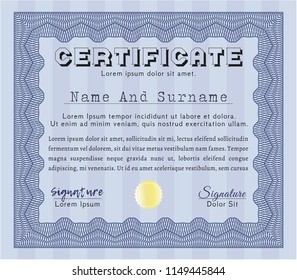 Blue Sample certificate or diploma. Good design. Easy to print. Detailed. 