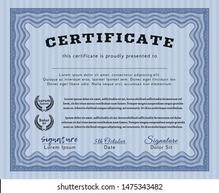 Blue Sample certificate or diploma. Good design. Detailed. With linear background. 