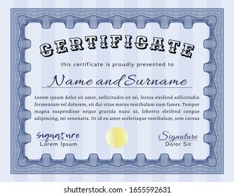 Certificado o diploma de muestra azul. Buen diseño. Personalizable, Fácil de editar y cambiar de color. Con un fondo complejo. 