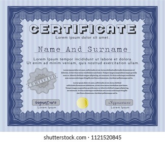 Blue Sample certificate or diploma. With great quality guilloche pattern. Detailed. Elegant design. 