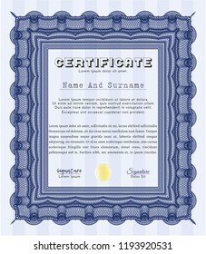 Blue Sample certificate or diploma. With great quality guilloche pattern. Vector illustration. Cordial design. 