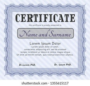Blue Sample certificate or diploma. With great quality guilloche pattern. Vector illustration. Superior design. 