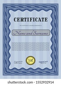 Blue Sample certificate or diploma. With great quality guilloche pattern. Detailed. Beauty design. 