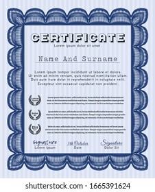 Blue Sample certificate or diploma. With great quality guilloche pattern. Money design. Vector illustration. 