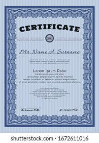 Blaue Musterbescheinigung oder Diplom. Mit hochwertigem Guilloche-Muster. Schönheitsdesign. Vektorillustration. 