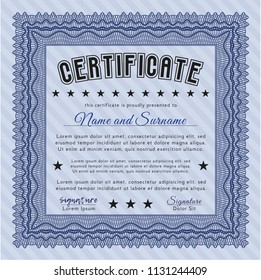 Blue Sample certificate or diploma. With guilloche pattern. Detailed. Cordial design. 
