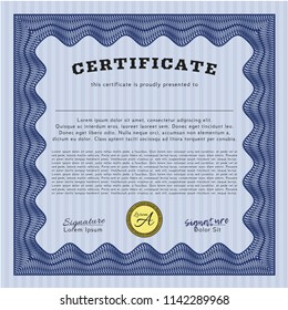 Blue Sample certificate or diploma. With guilloche pattern and background. Nice design. Detailed. 