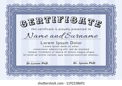 Blue Sample certificate or diploma. With guilloche pattern. Money Pattern. Customizable, Easy to edit and change colors. 