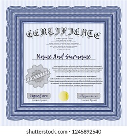 Blue Sample certificate or diploma. With guilloche pattern and background. Customizable, Easy to edit and change colors. Artistry design. 