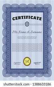 Blue Sample certificate or diploma. With linear background. Vector illustration. Money design. 