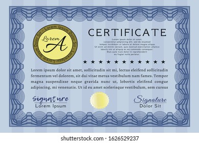 Blue Sample certificate or diploma. With linear background. Vector illustration. Money Pattern. 