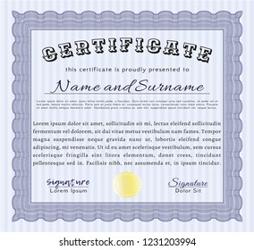 Blue Sample certificate or diploma. Lovely design. With complex linear background. Vector illustration. 