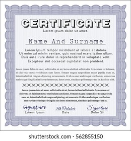 Blue Sample certificate or diploma. Lovely design. With complex linear background. Detailed. 