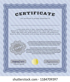 Blue Sample certificate or diploma. Modern design. Detailed. With guilloche pattern and background. 