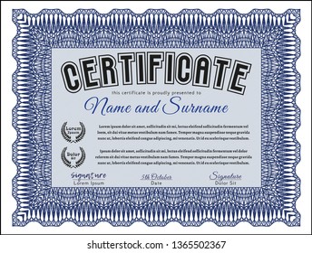 Blue Sample certificate or diploma. Modern design. Vector illustration. With guilloche pattern and background. 