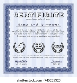 Blue Sample certificate or diploma. Modern design. Easy to print. Detailed. 