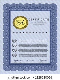 Blue Sample certificate or diploma. Money Pattern design. Customizable, Easy to edit and change colors. With linear background. 