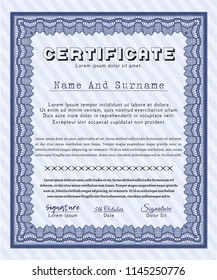 Blue Sample certificate or diploma. Money design. Customizable, Easy to edit and change colors. With guilloche pattern and background. 